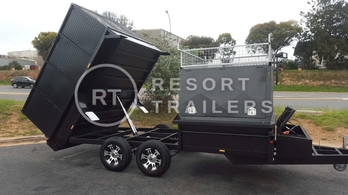 Combo tipping trailer with enclosed section and site box tipper up — built by Resort Trailers